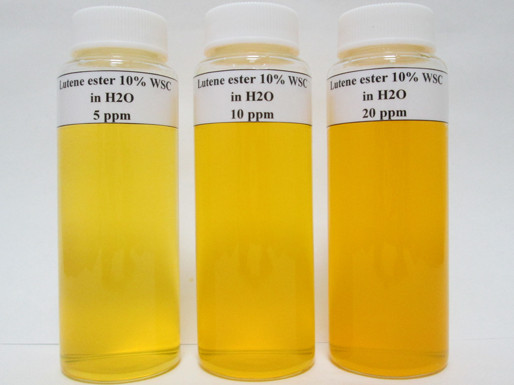 溶於水中(左至右濃度為5ppm、10ppm、20ppm)